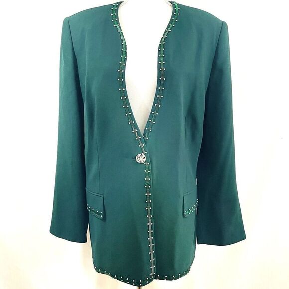Couture Jackets & Blazers - Vintage MOSHITA COUTURE Green Rhinestone & Ribbon Trim Lined Jacket ~ Plus Sz 20